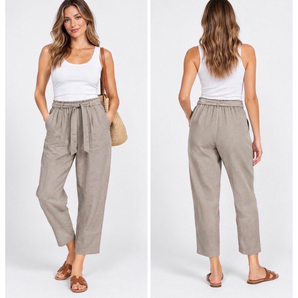 Eileen Fisher Woman Tencel Linen Paperbag Waist Pants Sand Beige 2X New